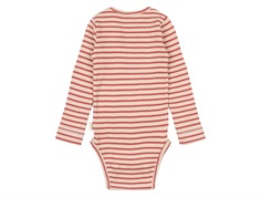 Stribet langærmet body fra Petit Piao i farverne rød og råhvid PP301 light berry dark off white bagfra